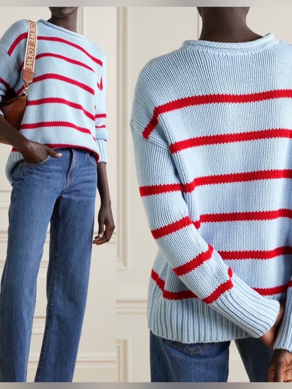 La Ligne Marina Striped Cotton Light Blue Red Chunky Knit Sweater Size XS